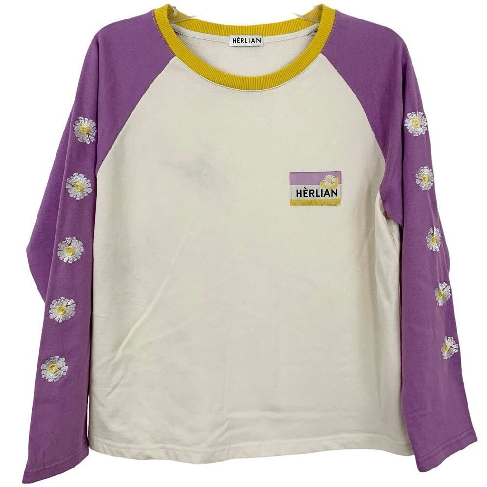 Herlian Daisy Graphic Sweatshirt Colorblock Purple Raglan Casual Women L